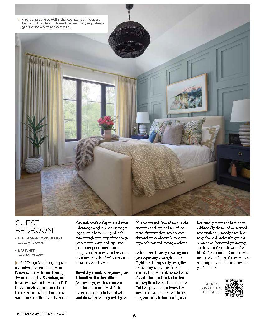 Magazine page featuring the E+E Design Consulting guest bedroom at the 2025 Colorado Designer Showhouse, with an interview with Kendra Stewart