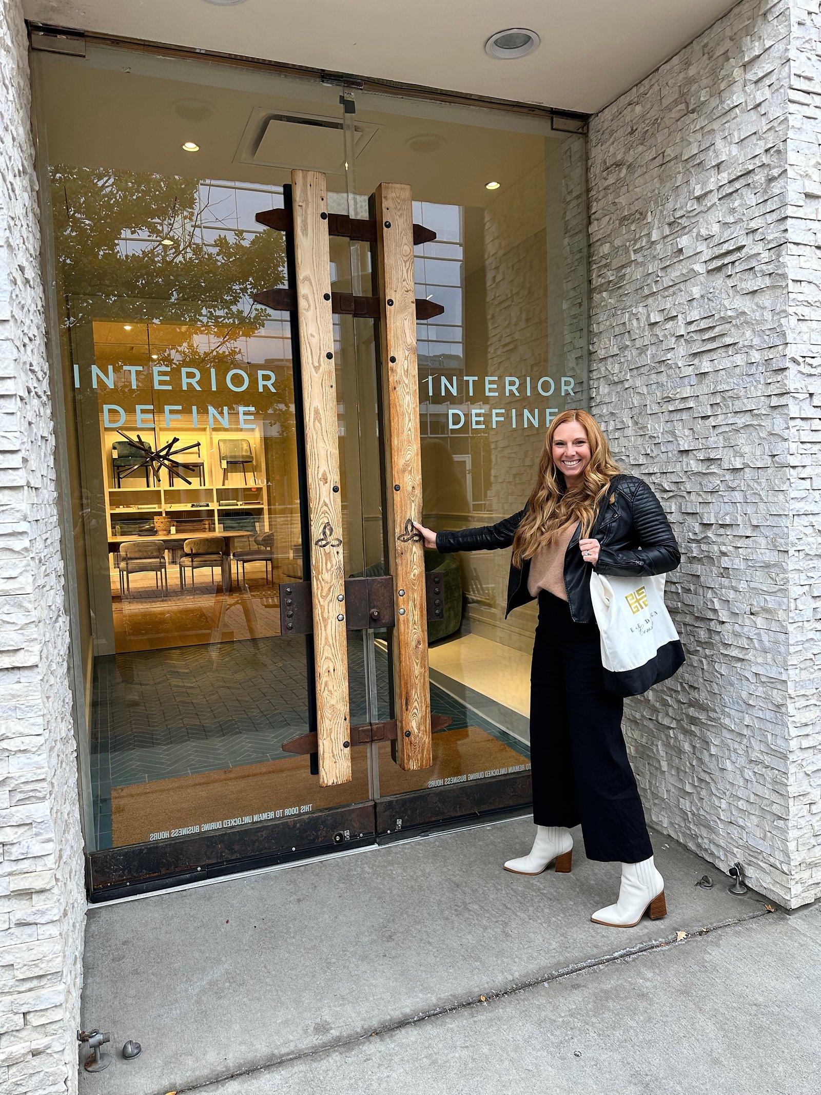 Kendra Stewart arriving at a design showroom while sourcing selections for E+E clients