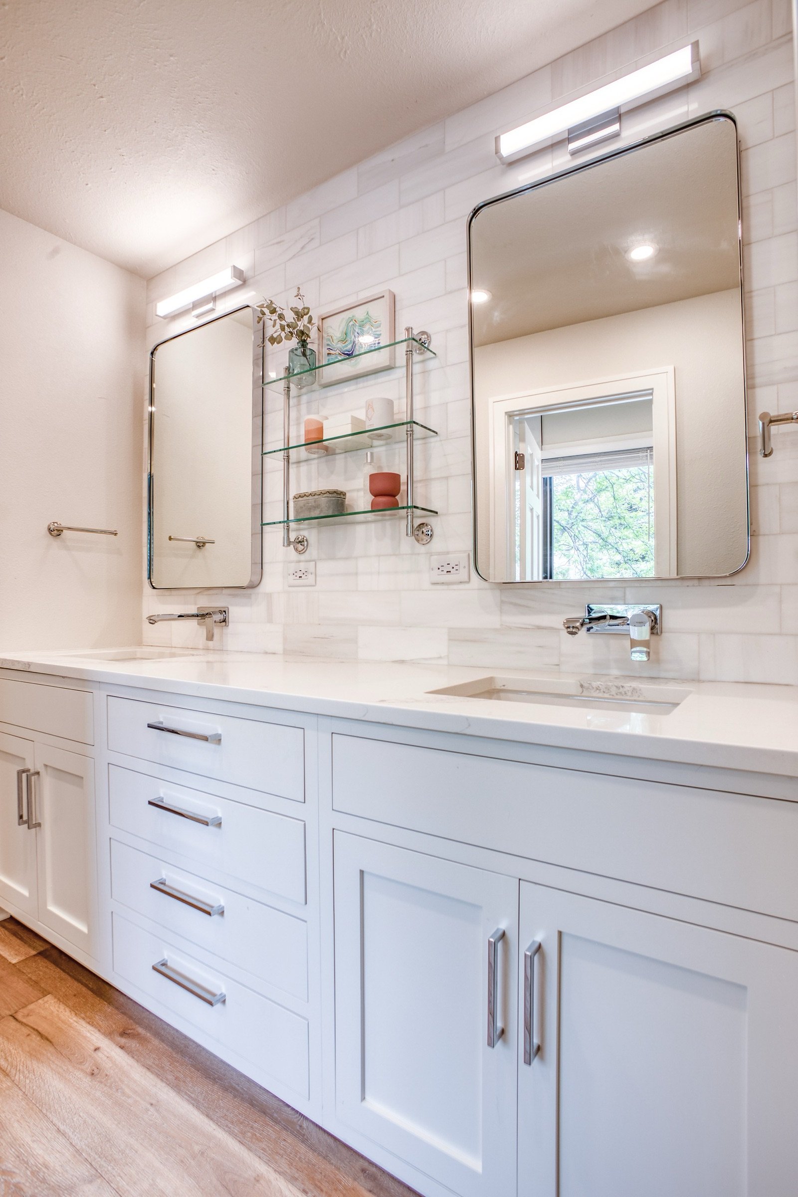 Walk-in shower with rain head and wood-look accents, Fulton Street whole house renovation in Greenwood Village