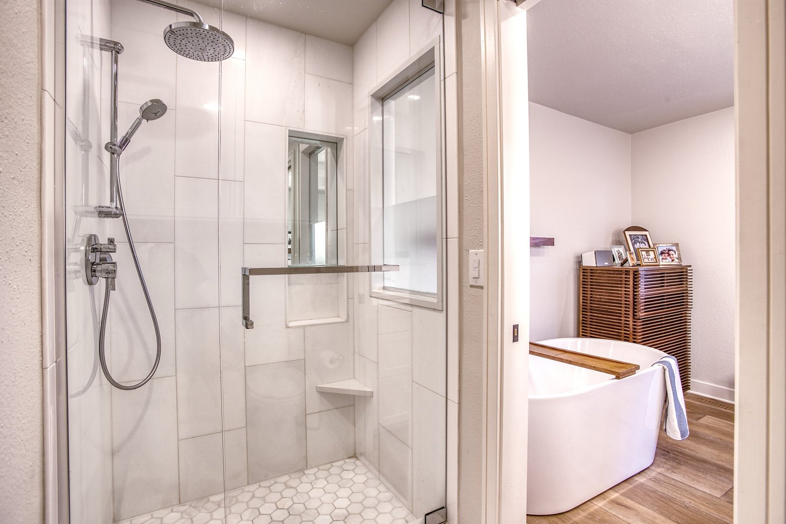Primary bath with freestanding tub and white oak vanity, Fulton Street whole house renovation in Greenwood Village