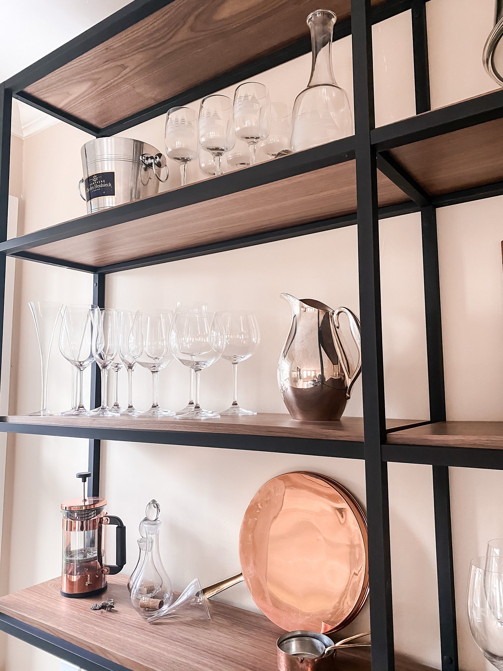 Shelf detail with wine glasses and serveware, historic Colorado Springs kitchen remodel