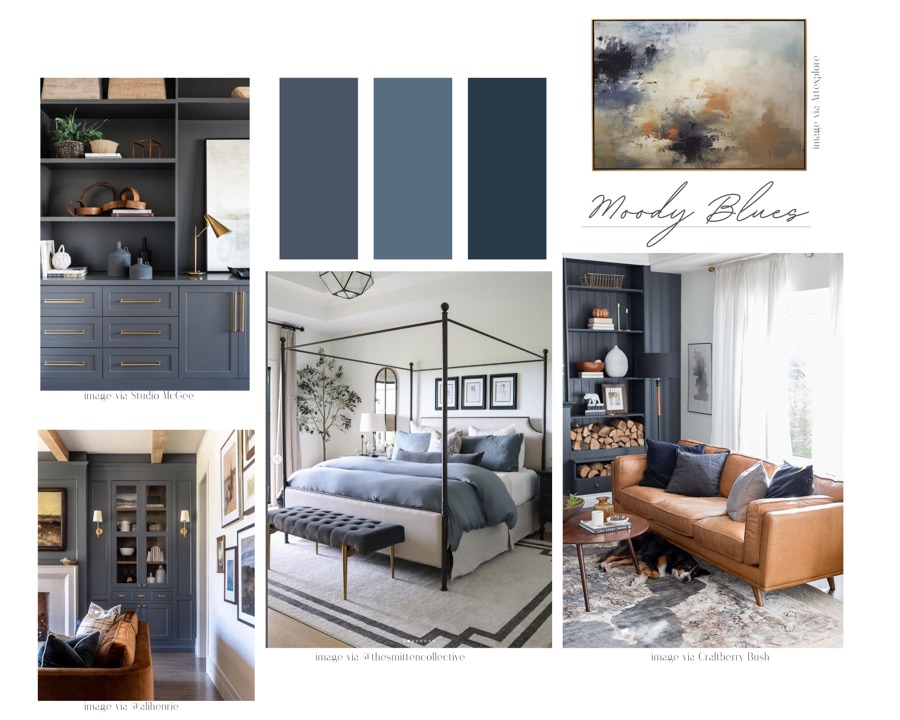Moody Blues mood board, navy and indigo with brass accents