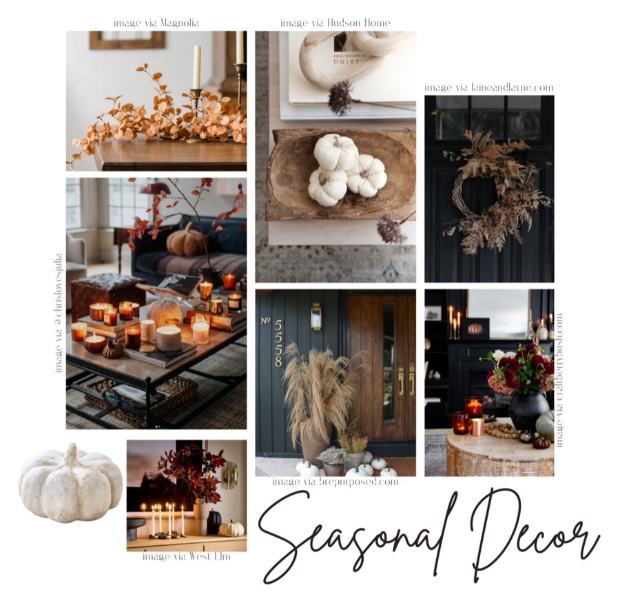 Seasonal Decor mood board, pumpkins, wreaths, and autumn table settings