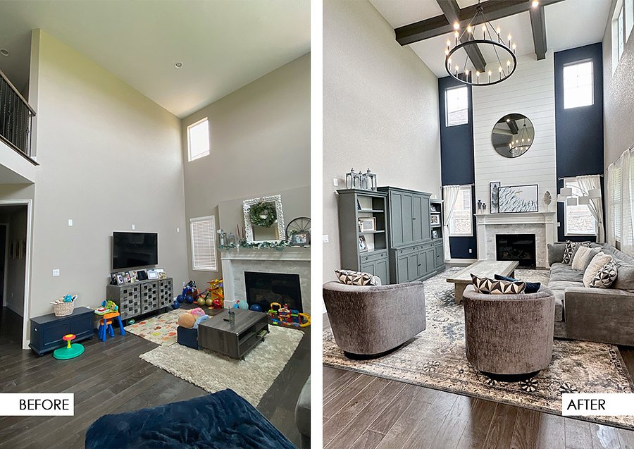 Blackstone family room before and after with shiplap fireplace and faux wood beams