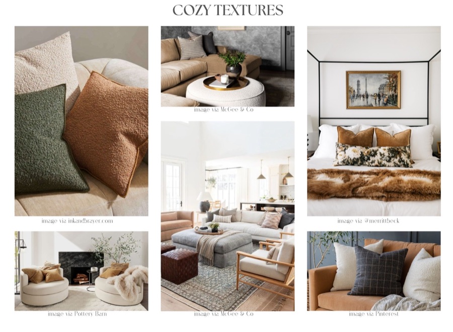Cozy Textures mood board, velvet, wool, and faux fur