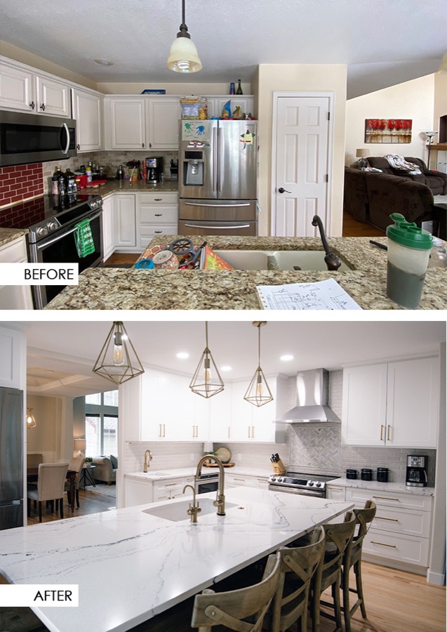 Before and after of the Stonegate kitchen remodel: dated granite and beige walls become white cabinetry, marble-look counters, and brass pendants
