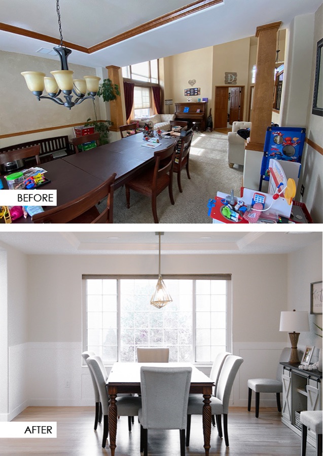 Before and after of the Stonegate dining room: heavy wood tones become bright wainscoting, linen chairs, and a brass geometric pendant