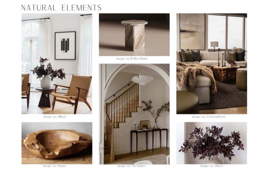 Natural Elements mood board, wood, stone, and greenery