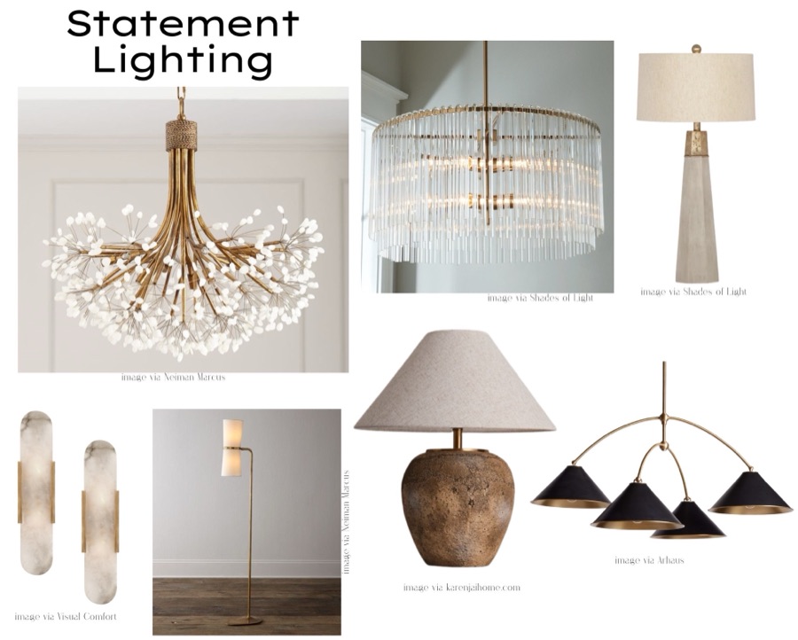 Statement Lighting mood board, sculptural pendants and lamps